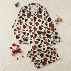 Women's Adult Seamless Black Deep Reddish-Brown Organic Cow Spots Creamy Beige Pattern Satin Pajamas Set