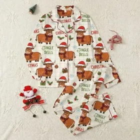 Festive Gift Givers' Grumpy Scottish Highland Cow Rustic Christmas Cartoon with Red Hats Plaid Scarves Cream Gingham Satin Pajamas Set