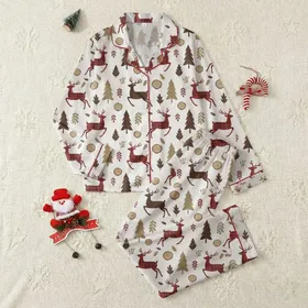 Women's Rustic Hand-Drawn Winter Deer Evergreen Pattern in Brown, Red & Plaid Satin Pajamas Set