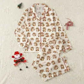 Whimsical Animal Lovers' Playful Cartoon Baby Bull Seamless Pattern in Chocolate Brown and Creamy Beige Satin Pajamas Set