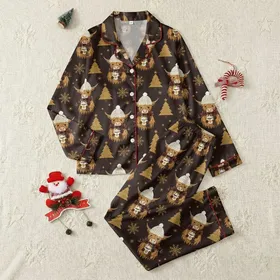 Cozy Winter Style Fans' Whimsical Highland Cows in Red Plaid & Beanies, Hot Cocoa, Gold Snowflakes on Chocolate Brown Satin Pajamas Set