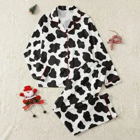 Women's Graphic Black White Organic Blob Interlocking Cow Print Satin Pajamas Set