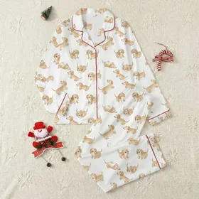 Women's Whimsical Tan Beige Dachshund Dog Repeating Pattern on White Satin Pajamas Set