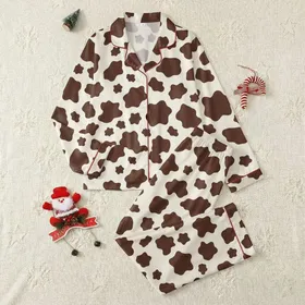 Relaxation Enthusiasts' Organic Creamy Off-White Chocolate Brown Cowhide Flat Graphic Satin Pajamas Set