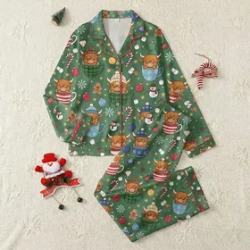 Cozy Christmas Fans' Chibi Highland Cow Hot Cocoa Mug Pattern: Red Green Gold Winter Holly, Marshmallow, Candy Cane Design Satin Pajamas Set