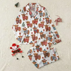 Holiday Animal Lovers' Whimsical Baby Highland Cow Christmas Pattern: Festive Sweaters, Gifts & Snowflakes Satin Pajamas Set