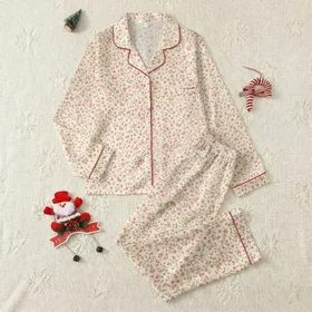 Women's Delicate Wildflower Loungewear - Ditsy Coral Rose Pink Sage Green Satin Pajamas Set