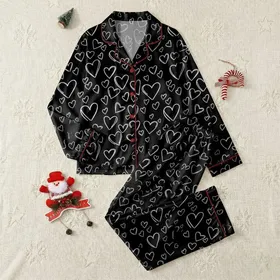 Women's Minimalist Black White Hand-Drawn Scattered Heart Outline Doodle Art Satin Pajamas Set