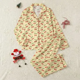 Women's Whimsical Pale Yellow Scattered Bright Red Cherry Cluster Pattern Satin Pajamas Set