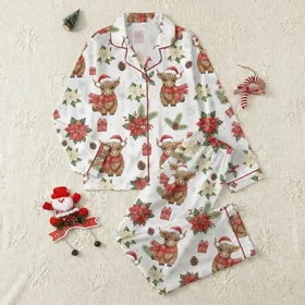 Christmas Enthusiasts' Whimsical Watercolor Baby Highland Cow Christmas Scene with Festive Red Poinsettias, Holly Berries & Snowy Landscape Satin Pajamas Set