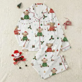 Christmas Lovers' Whimsical Fluffy Highland Cow Calves, Festive Red Green Teal Sweaters, Snowy Holly Ornament Pattern Satin Pajamas Set