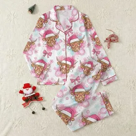 Coquette Christmas Fans' Whimsical Pink Highland Cow Bubblegum Plaid Design Satin Pajamas Set