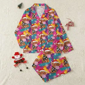 Cozy Winter Fans' Whimsical Highland Cow Santa Hat Bubblegum Paint Splatter Design Satin Pajamas Set