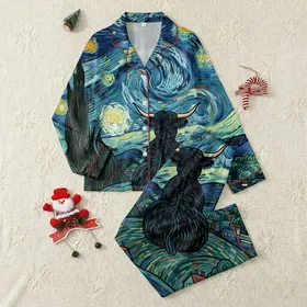 Highland Cow Enthusiasts' Van Gogh Starry Night Swirling Blue Yellow Green Landscape Satin Pajamas Set