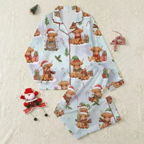 Crafters' & Makers' Whimsical Watercolor Christmas Highland Cow Pattern with Santa Hats, Plaid Scarves, Holly, and Snowflakes Satin Pajamas Set