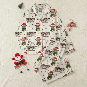 Country Christmas Lovers' Whimsical Highland Cow, Red Santa Hat, Green Plaid Scarf, Cowhide 'HOWDY' Text, Black Snowflakes, Cream Background Satin Pajamas Set