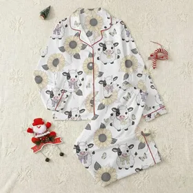 Animal Lovers' Whimsical Black White Baby Highland Cow Sunflower Floral Pattern with Muted Purple Accents Satin Pajamas Set