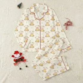 Cozy Animal Lovers' Hand-Drawn Baby Cow Pastel Yellow Sweater Cream Floral Pattern Satin Pajamas Set