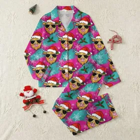 Festive Animal Art Fans' Shaggy Highland Cow Santa Hat Sunglasses Grunge Sketchy Design Magenta Teal Snowflakes Satin Pajamas Set