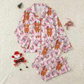 Creative Crafters' Whimsical Baby Highland Cow Fuchsia Blush Pink Peony Flower Crown Pink Buffalo Plaid Seamless Satin Pajamas Set