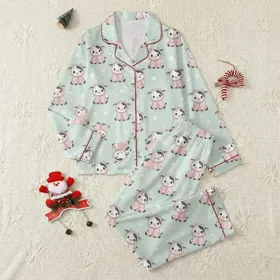Kawaii Lovers' Hand-Drawn Baby Cow Pastel Pink Pajama Seamless Pattern, Mint Green Background, White Hearts Satin Pajamas Set