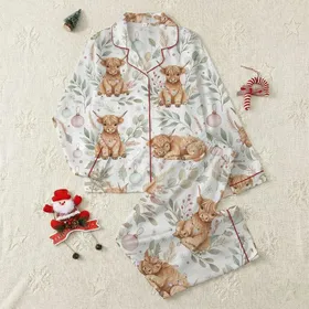 Holiday Families' Whimsical Highland Calf Christmas Lights Seamless Pattern, Muted Watercolor Botanicals & Vintage Accents Satin Pajamas Set