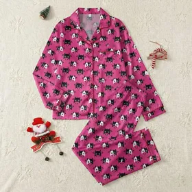 Women's Vibrant Magenta Pink & Bold Black Playful Cartoon Cow Head Seamless Pattern, Smiling Winking Illustrations Satin Pajamas Set