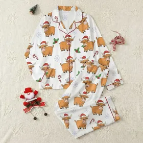 Christmas Lovers' Whimsical Hand-Drawn Cartoon Highland Cows Red Santa Hats Holly Berries Candy Canes Snowflakes White Pattern Satin Pajamas Set