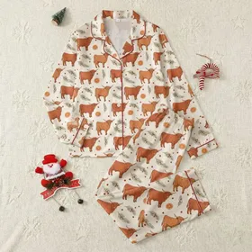 Highland Cow Lovers' Rustic Hand-Drawn Seamless Pattern with Reddish-Brown Cows, Olive Green Pine & Warm Orange Slices Satin Pajamas Set