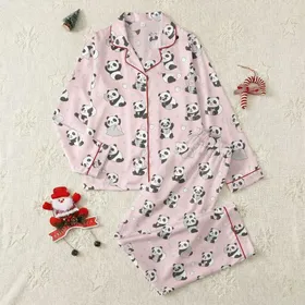 Panda Lover's Pastel Pink Dreamscape: Cute Sleepy Cartoon Panda Moons & Stars Pattern Satin Pajamas Set