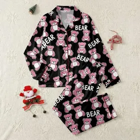 Women's Playful Jet Black Bubblegum Pink Cartoon Teddy Bears with White 'BEAR' Text & Pink Hearts Repeating Pattern Satin Pajamas Set