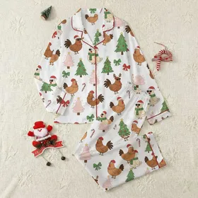 Festive Family Whimsical Cartoon Christmas Chickens, Pink Trees, Red Green Bows Pattern Satin Pajamas Set