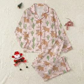 Country Style Women's Whimsical Pale Pink Highland Cow Western Repeat with Flower Crowns, Cactus & Boots Satin Pajamas Set