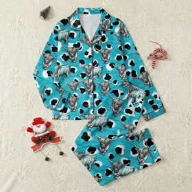Highland Cow Enthusiasts' Illustrative Black White Grey Cattle with Turquoise Accents on Textured Wood Plank Pattern and Bold Cow Print Spots Satin Pajamas Set