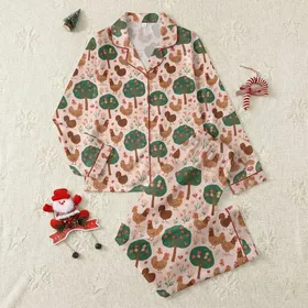 Women's Charming Folk Art Chicken Orchard Pattern with Coral Red Fruits & Wildflowers on Pale Pink Satin Pajamas Set
