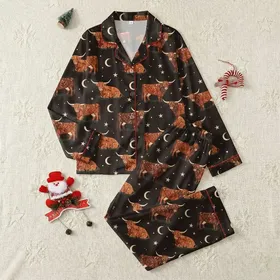 Highland Cow Fans' Whimsical Rustic Orange Fur Celestial Moon Star Nightscape Satin Pajamas Set