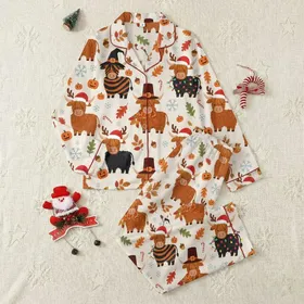 Festive Folks' Whimsical Cartoon Highland Cows: Multi-Holiday Pattern with Halloween, Thanksgiving, Christmas Satin Pajamas Set