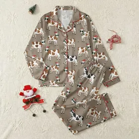 Country Christmas Admirers' Whimsical Festive Holstein Cows Wearing Santa Hats, Fair Isle Beanies, & Multicolored String Light Antlers Satin Pajamas Set