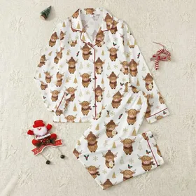 Festive Animal Lovers' Whimsical Brown Highland Cow Holiday Pattern with Red Plaid Scarves, Golden Trees & Snowflakes Satin Pajamas Set