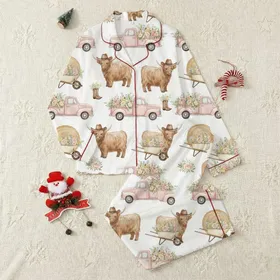 Country Aesthetic Enthusiasts' Watercolor Highland Cow Cowboy Truck Floral Hay Bale Repeat Design Satin Pajamas Set