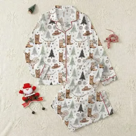 Families' Whimsical Western Coquette Christmas Sketchy Trees Boots Hats & Longhorns Cacti Pattern Satin Pajamas Set