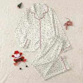 Women's Minimalist Abstract Scattered Floral Leaf Off-White Grey-Taupe Illustrative Pattern Satin Pajamas Set
