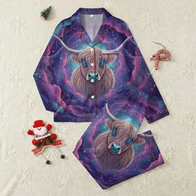 Women's Ethereal Highland Cow Galaxy Pattern with Blue Eyes, Lavender & Teal Cosmic Swirls Satin Pajamas Set