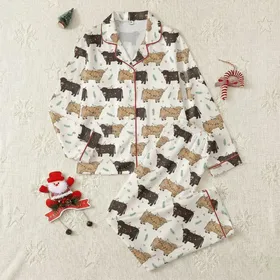 Festive Families' Rustic Highland Cow Christmas Light Repeating Pattern with Evergreen Sprigs Satin Pajamas Set