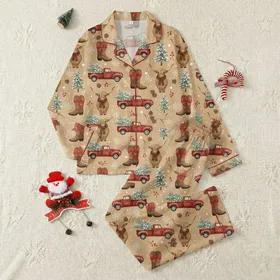 Cozy Holiday Enthusiasts' Warm Beige Rustic Red Highland Cow Winter Wonderland & Vintage Truck Pattern Satin Pajamas Set