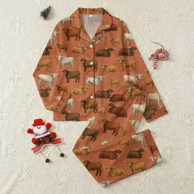 Western Lifestyle Enthusiasts Illustrative Highland Cow Creamy Brown Rustic Terracotta All-Over Design Satin Pajamas Set