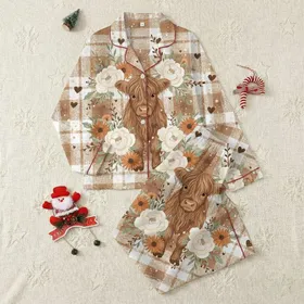 Highland Cow Lovers' Charming Fluffy Baby Highland Cow Rustic Floral Cream Peony Brown Plaid Satin Pajamas Set