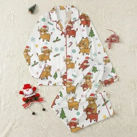 Cozy Christmas Lovers' Whimsical Highland Cow Pattern with Santa Hats, Holly, Candy Canes, Teal Snowflakes, and Green Christmas Trees Satin Pajamas Set