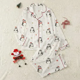 Families' Whimsical Hand-Drawn Penguins, Red Scarves, Gold Stars, & Grey Snowflakes on Cream Pattern Satin Pajamas Set