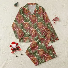 Family Reunion Gatherings Muted Crimson Olive Watercolor Highland Cow Christmas Lights & Pine Pattern, Distressed Vintage Art Satin Pajamas Set